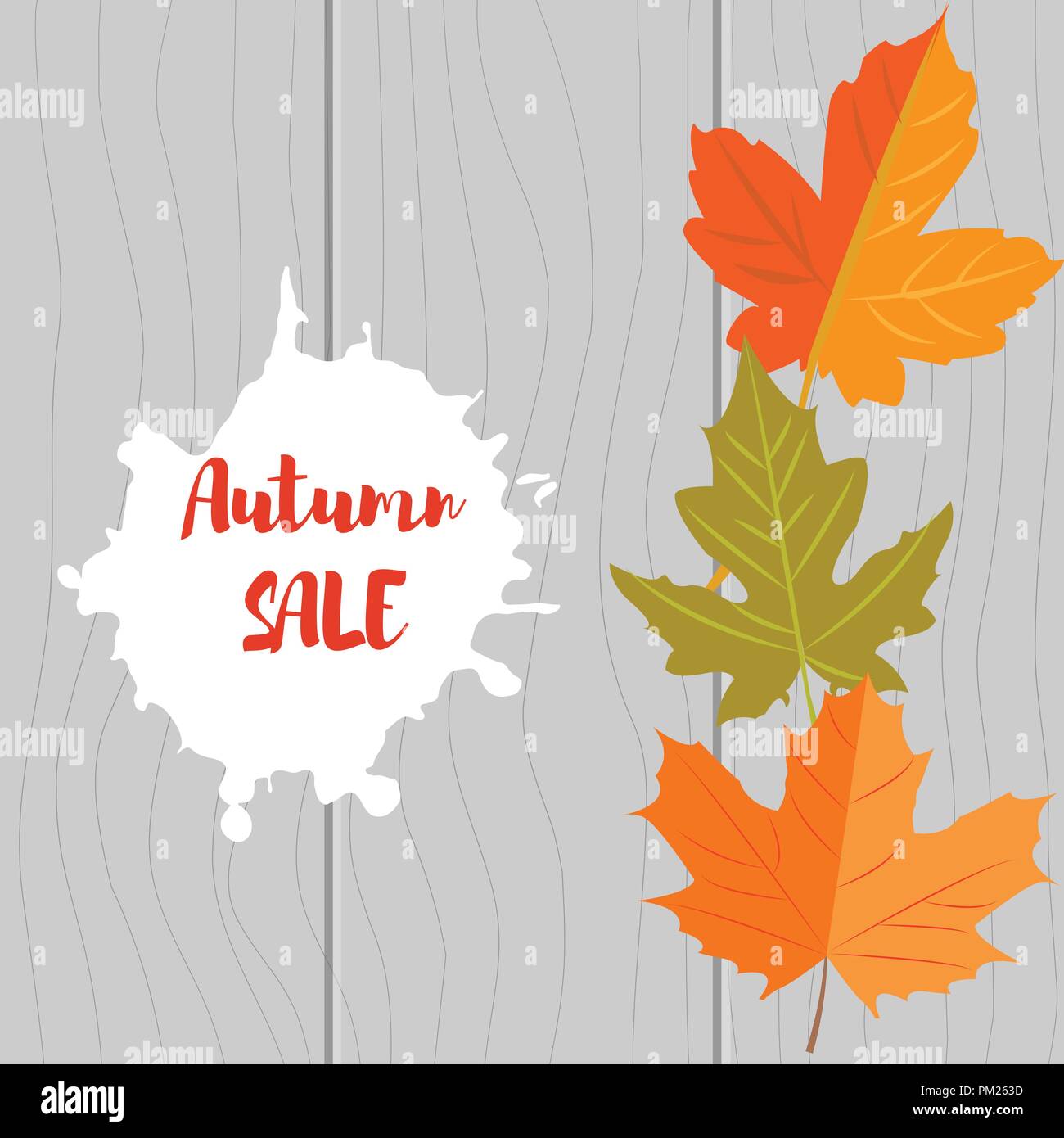 Vector illustration. Ensemble d'automne feuilles jaunes et inscription ventes d'automne sur un fond de bois Illustration de Vecteur