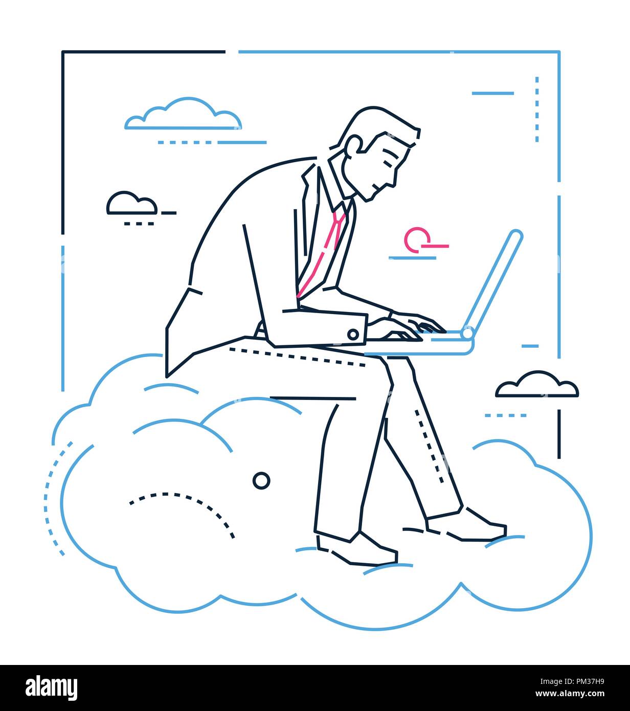 Homme d'affaires avec un ordinateur portable - ligne style design illustration sur fond blanc. Smart jeune homme assis sur un nuage avec un travail qui tente d'une Illustration de Vecteur