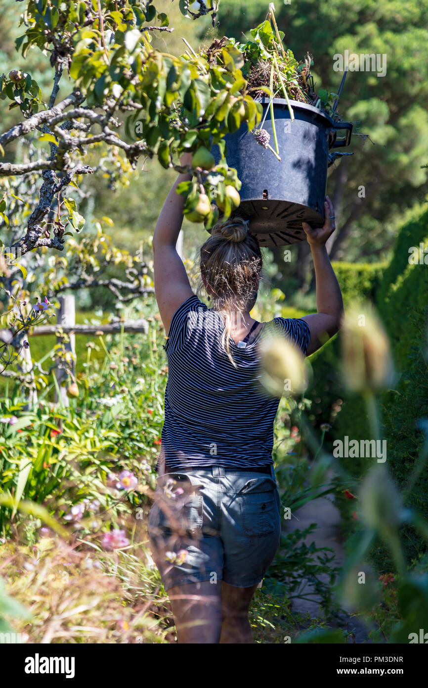 Une jeune femme jardinier à Great Dixter porte un seau de compost question sur son épaule le long d'un chemin étroit dans le haut jardin, Rye, East Sussex, UK Banque D'Images