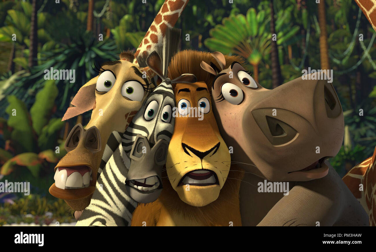 Photo du film / Publicité encore de 'Madagascar' Melman la girafe, Marty le zèbre, Alex le Lion, Gloria l'Hippo © 2005 Dreamworks Crédit photo : Dreamworks Animation SKG Référence #  30736017THA pour un usage éditorial uniquement - Tous droits réservés Banque D'Images