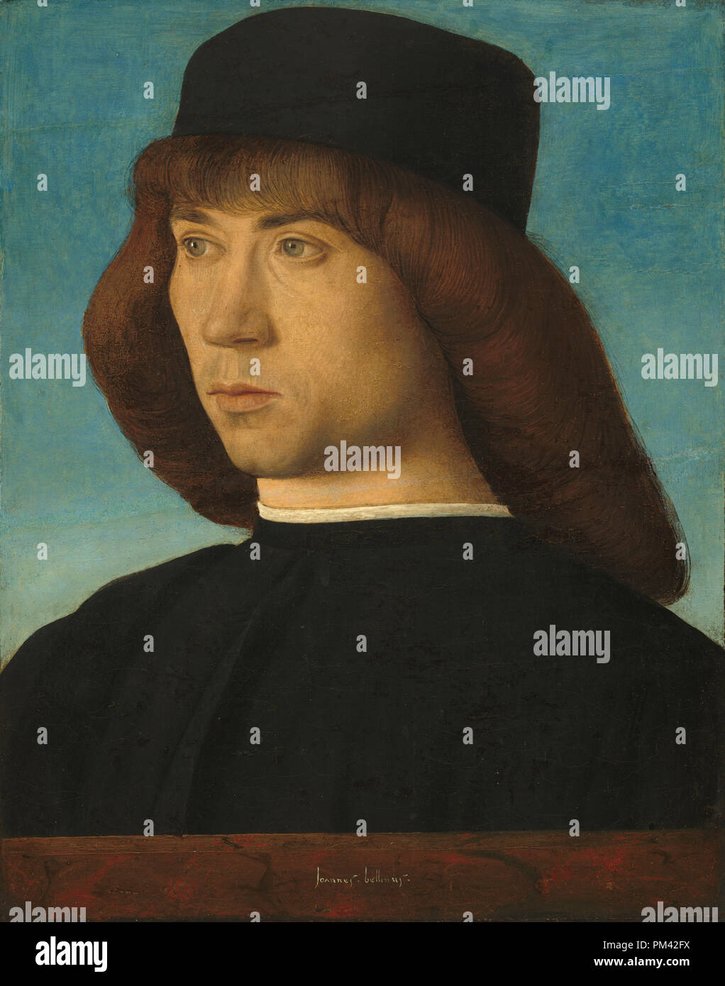 Portrait d'un jeune homme. En date du : ch. 1490. Dimensions : surface peinte : 30 x 23 cm (11 13/16 x 9 1/16 in.) original : panneau 30,9 x 24,8 cm (12 3/16 x 9 3/4 in.) dans l'ensemble (avec les bandes du bois ajouté en 1944) : 32,9 x 27,1 cm (12 15/16 x 10 11/16 po.) : 55,56 x 53,98 encadré x 6,19 cm (21 7/8 x 21 1/4 x 2 7/16 in.). Médium : Huile sur panneau de peuplier. Musée : National Gallery of Art, Washington DC. Auteur : Giovanni Bellini. Banque D'Images