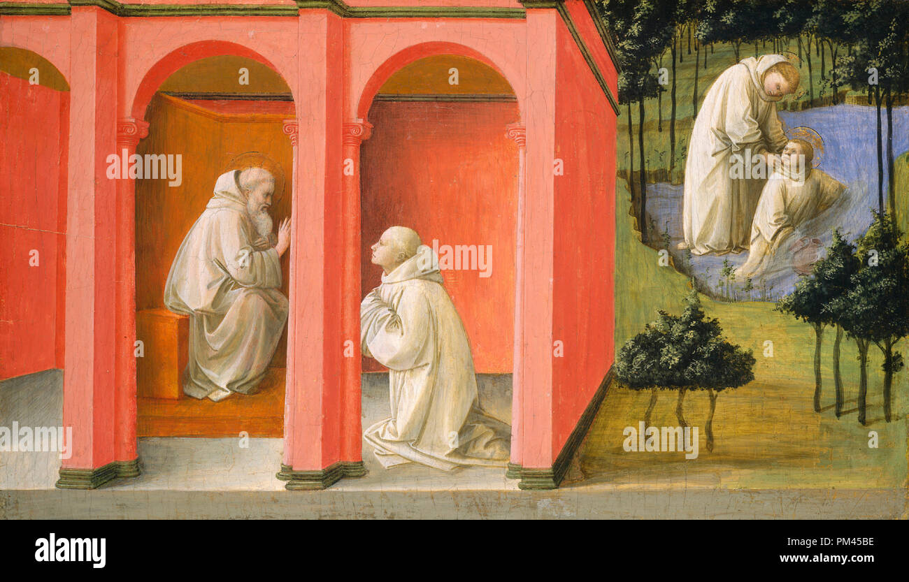 Saint Benoît Saint Maurus Commandes au secours de Saint Placide. En date du : ch. 1445/1450. Dimensions : hors tout : 40 x 69,5 cm (15 3/4 x 27 3/8 in.) Encadré : 49,5 x 79,4 x 6 cm (19 1/2 x 31 1/4 x 2 3/8 in.). Medium : Oil on panel. Musée : National Gallery of Art, Washington DC. Auteur : Fra Filippo Lippi. Banque D'Images