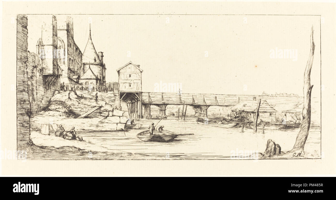 Passerelle du Pont-au-Change, Paris, après l'incendie de 1621 (passerelle remplacement temporaire du Pont-au-Change, Paris, après l'incendie de 1621). En date du : 1860. Technique : gravure sur papier colle. Musée : National Gallery of Art, Washington DC. Auteur : Charles Meryon après Stefano Della Bella. CHARLES MERYON. Après Stefano della Bella. Banque D'Images