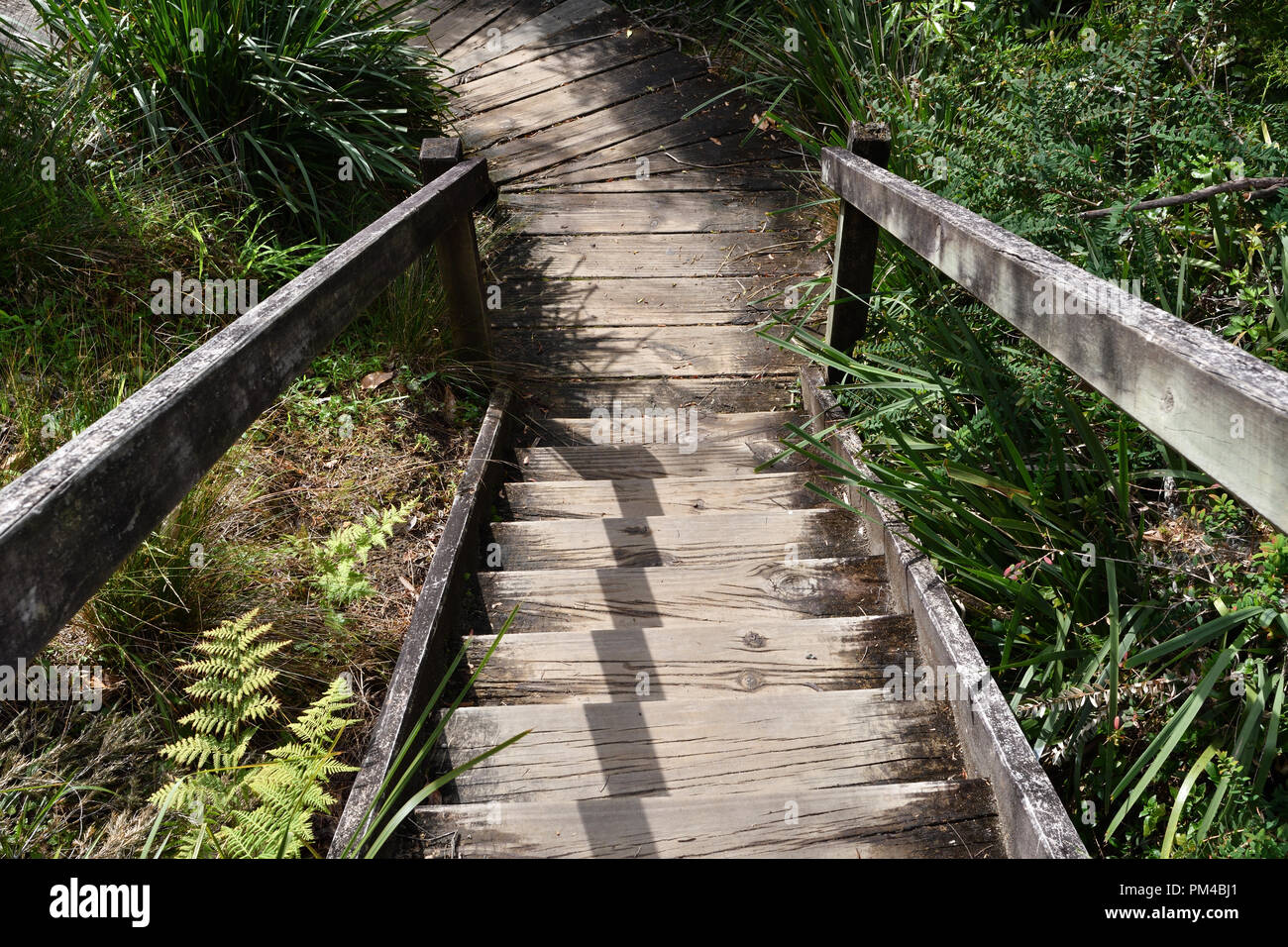 En descendant un escalier en bois à l'extérieur Banque D'Images