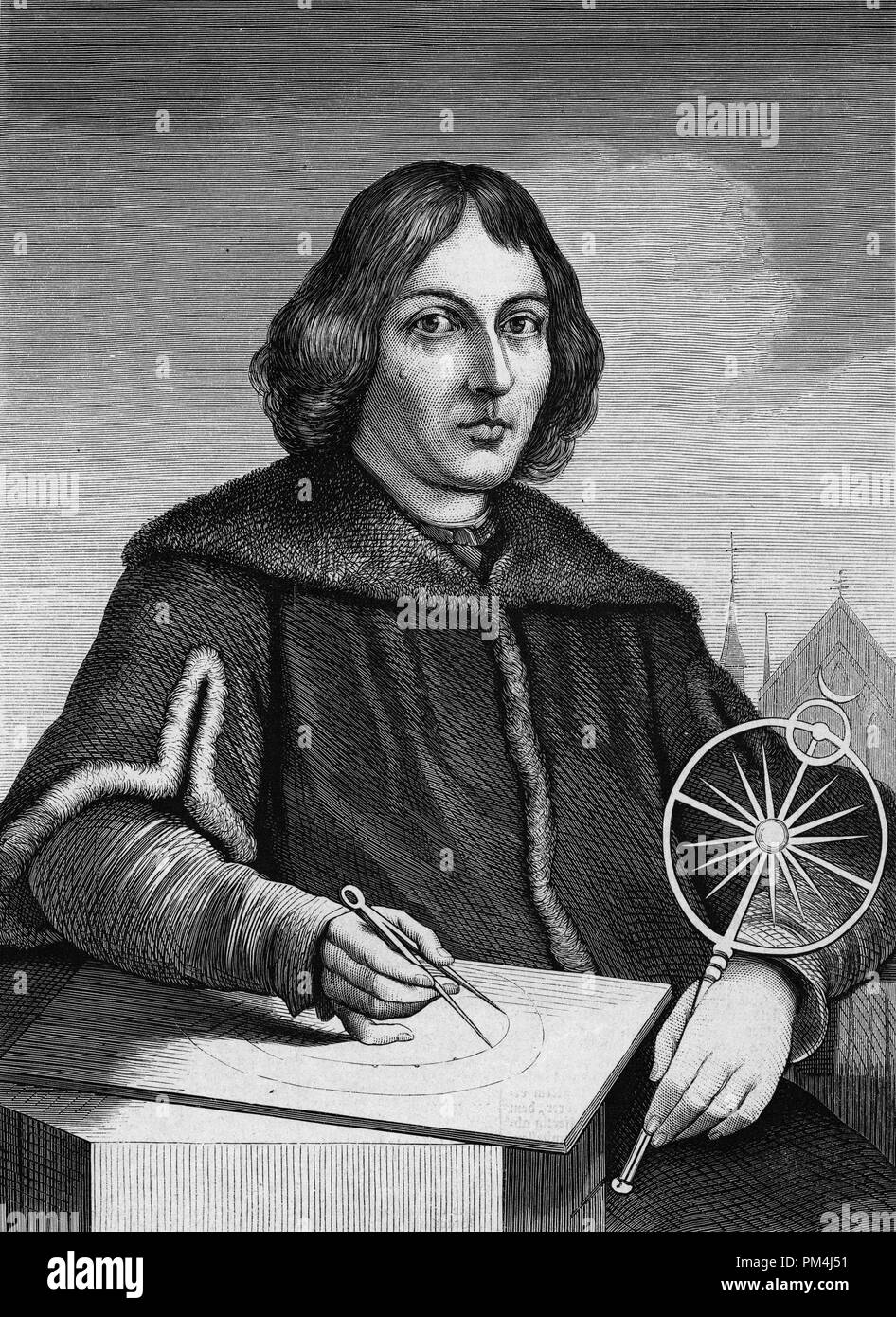 Portrait gravé de l'astronome polonais Nicolas Copernic (1473 - 1543) dessin le soleil comme le centre de l'univers de référence de dossier 1003 525THA Banque D'Images