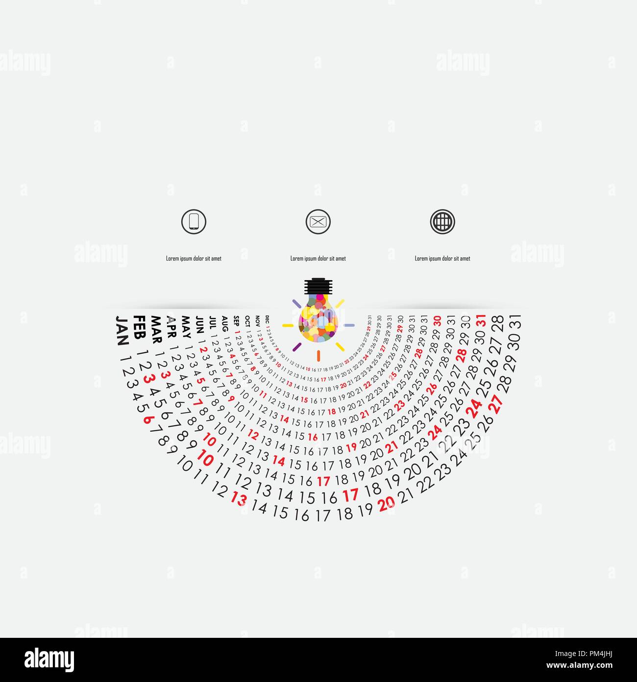 2019 Modèle de calendrier avec l'icône ampoule idée.demi-cercle.Calendrier 2019 Calendrier Série de 12 mois.Calendrier de l'année modèle de conception de scénario. Illustration de Vecteur
