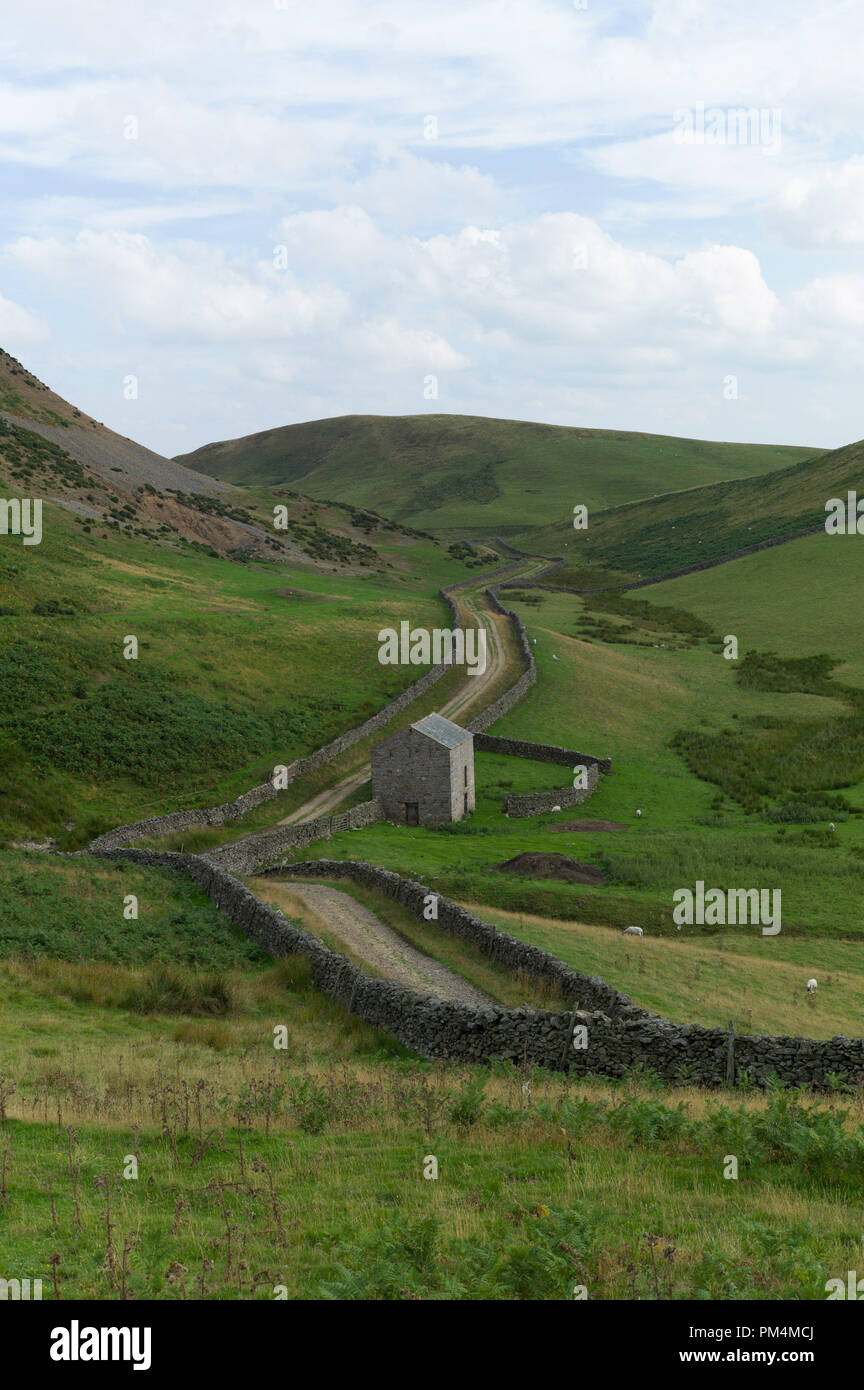 Une piste et une grange sur le chemin de la Coupe du haut au-dessus de Nick Dufton sur le Pennine Way Banque D'Images