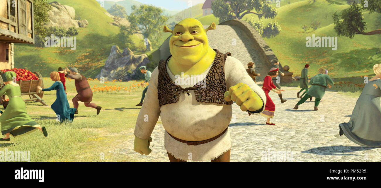 Dans l'autre réalité de "Shrek 4", Shrek est au sommet du monde de trouver qu'une fois de plus, les villageois ont peur de lui. Hrærek "Forever After' © 2010 DreamWorks Animation LLC. Tous droits réservés. Banque D'Images