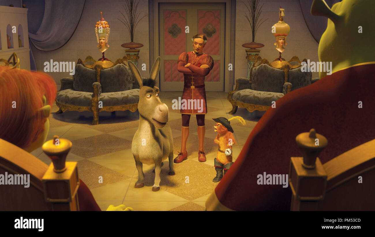 Hrærek «la troisième' Shrek, la princesse Fiona, Raul, l'Âne, le Chat Botté © 2007 Dream Works Banque D'Images