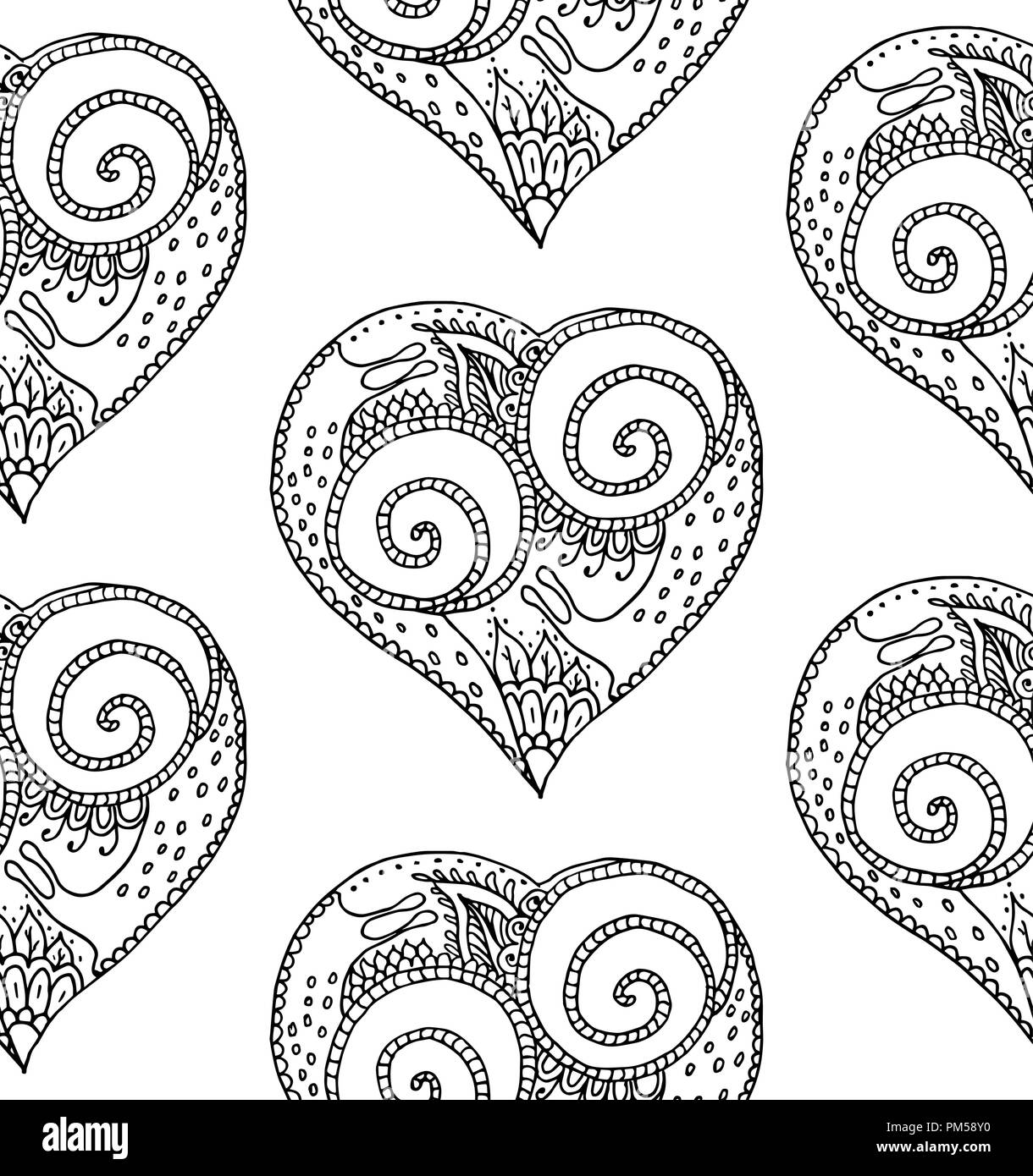 Vector Illustration Du Modele Homogene A Partir De Dessin A La Main Avec Coeur Noir Escargot Couple In Love Sur Fond Blanc Livre A Colorier Pour La Saint Valentin Image Vectorielle Stock