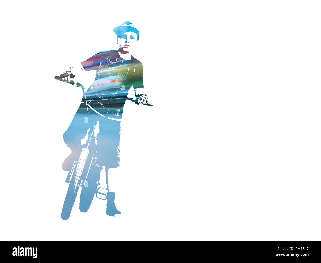 Un jeune cycliste BMX, feux de circulation, isolé sur fond blanc. Double exposition sécurité Concept. Banque D'Images