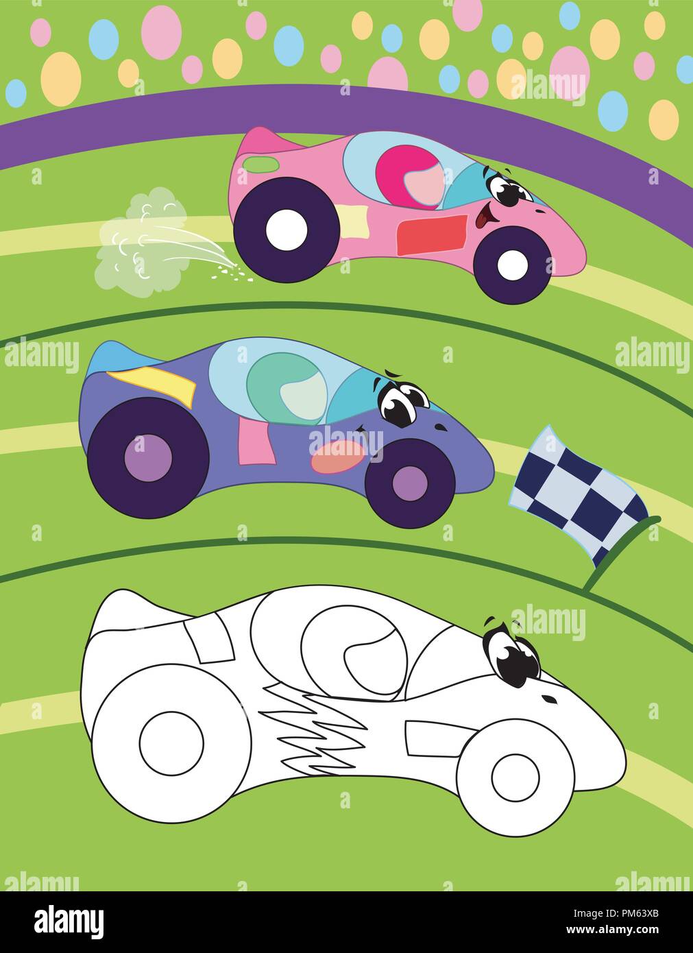 La page de coloriage pour les enfants d'âge préscolaire avec arrière-plan coloré et un dessin à colorier de voiture de sport Illustration de Vecteur