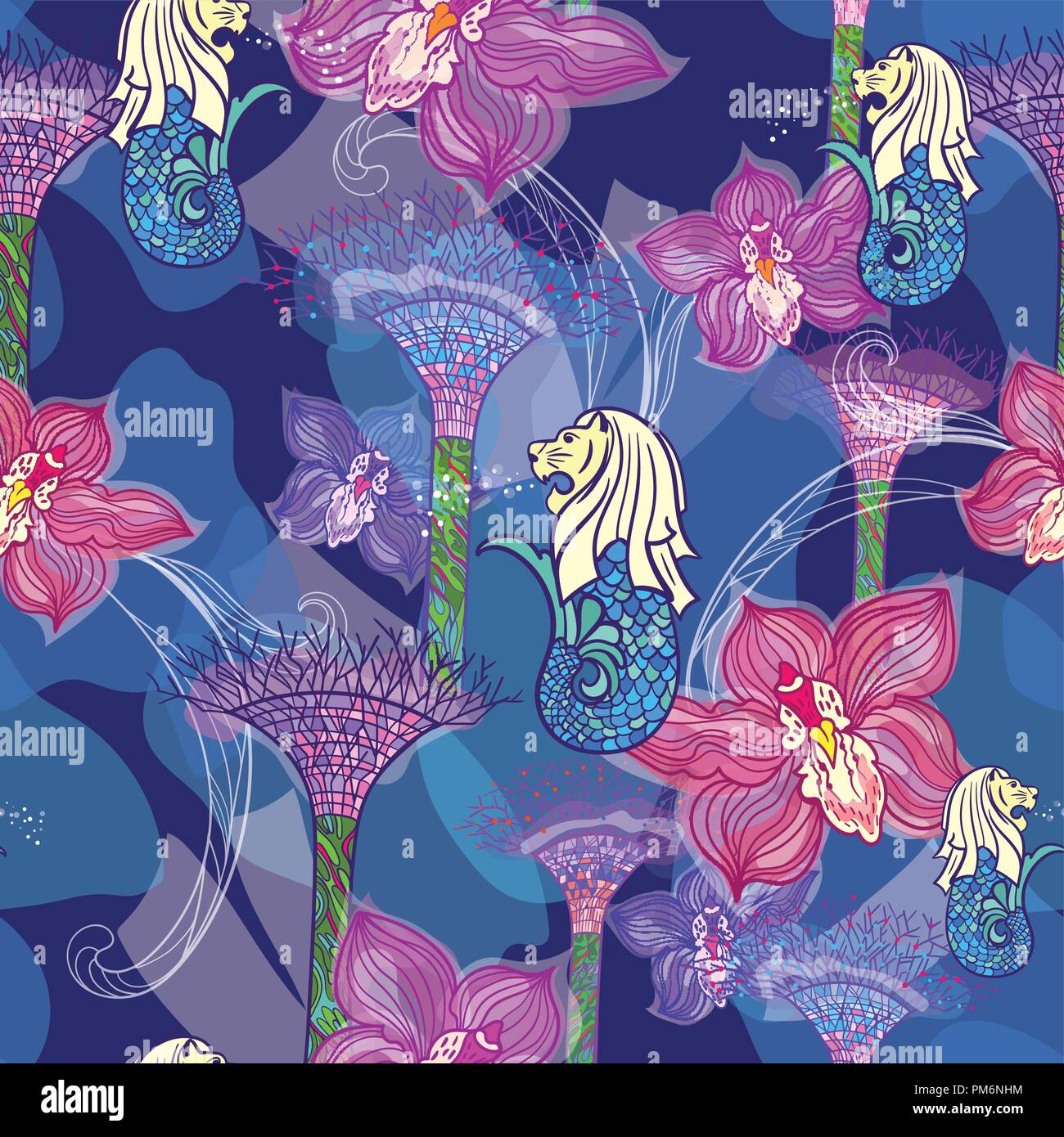 Impression transparente avec orchidée, fleur, Merlion et jardins au bord de la Bay, sur fond bleu indigo Illustration de Vecteur
