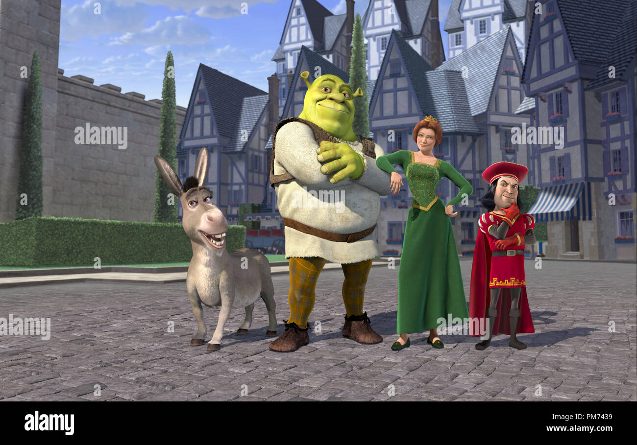 Photo du film / Publicité encore de 'Shrærek' Shrek, l'Âne, la princesse Fiona, seigneur de Duloc Farquaad © 2001 DreamWorks Référence de fichier #  30847365THA pour un usage éditorial uniquement - Tous droits réservés Banque D'Images
