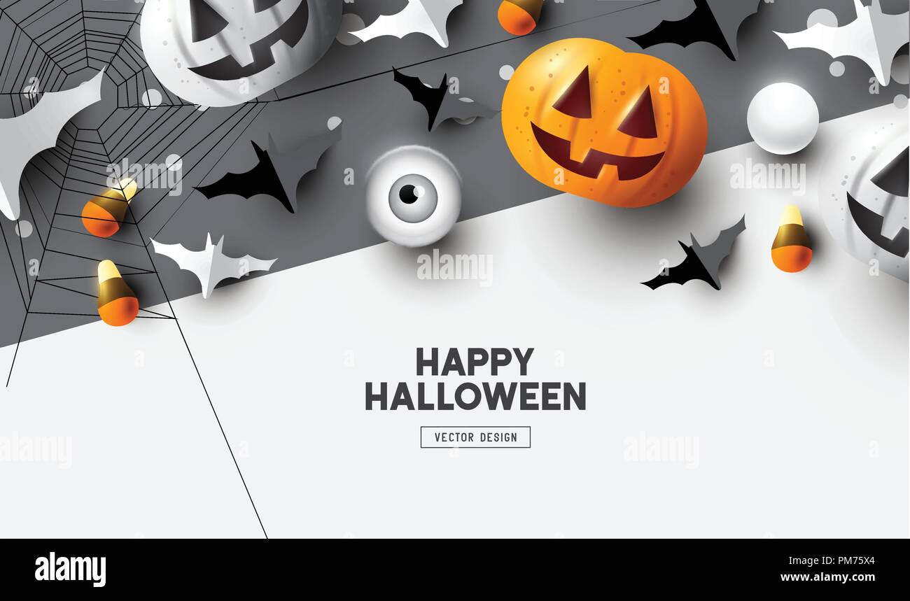 Happy Halloween de cette partie la composition avec Jack O' Lantern citrouilles, décorations de fête et des bonbons. Vue du haut fond vector illustration. Illustration de Vecteur