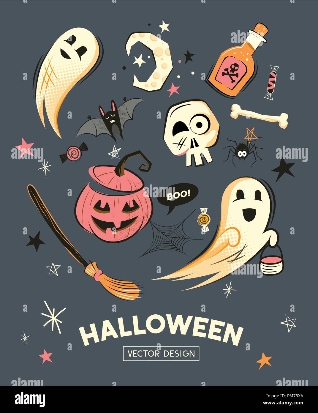 Happy Halloween cute Retro vector design Décors et personnages. Illustration de Vecteur