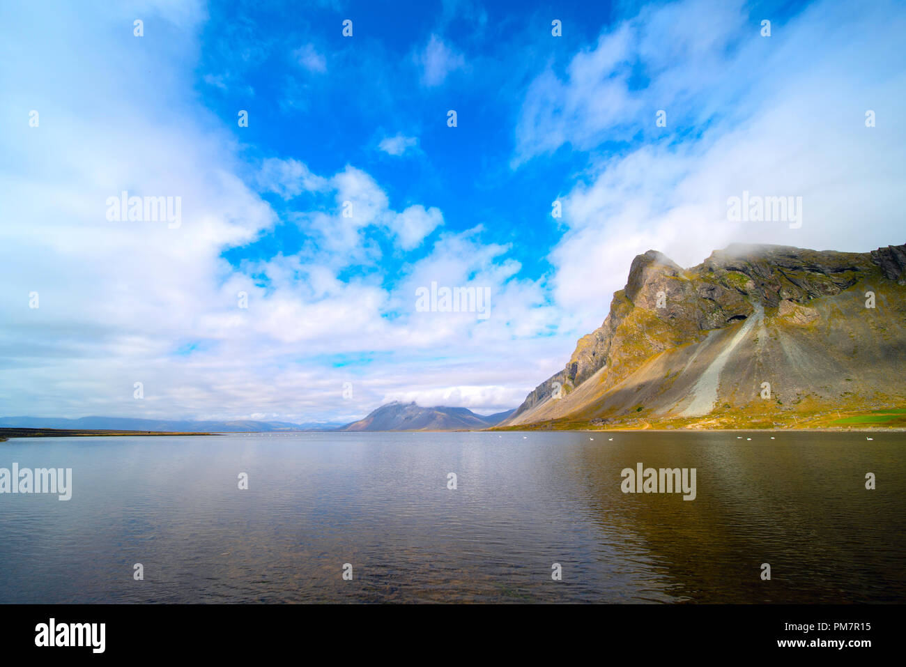 Côte mer montagne avec réflexion, Islande Banque D'Images