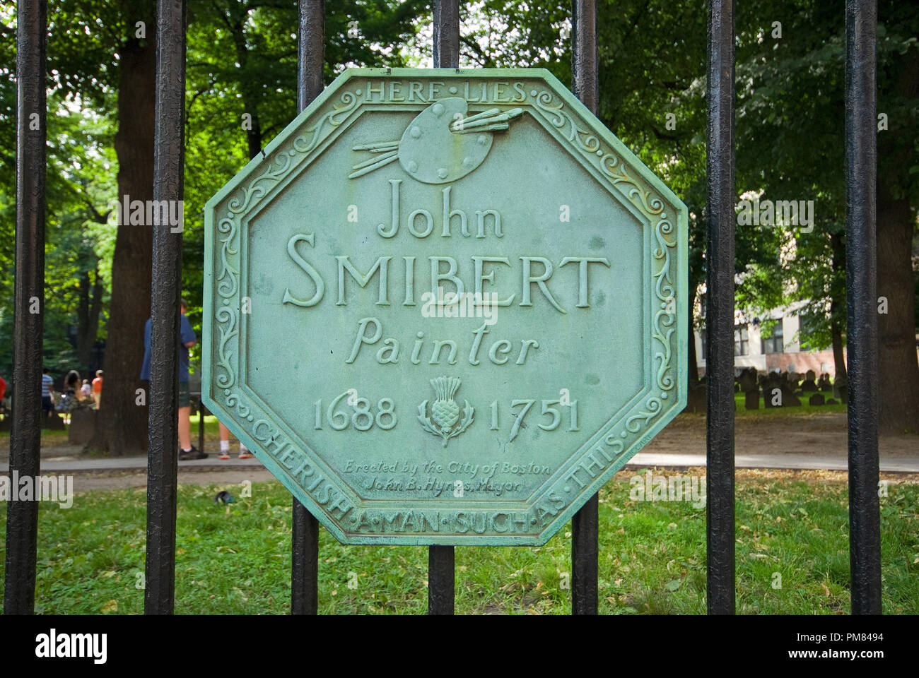 Plaque de bronze marquant le peintre John Smibert (1688-1751) enterré à Granary Burying Ground, Boston dans le comté de Suffolk, Massachusetts, USA Banque D'Images