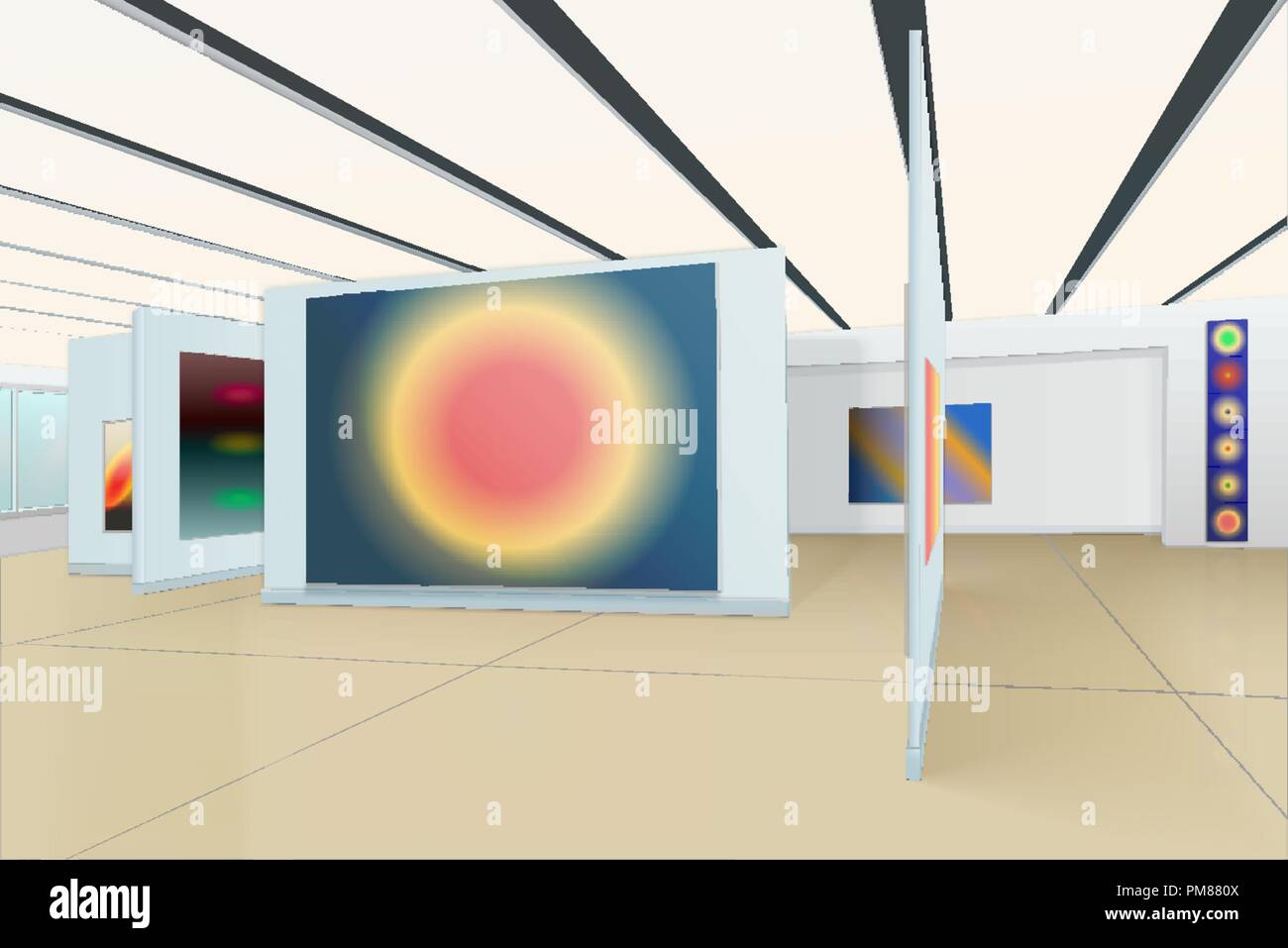 Panorama en trois dimensions de la salle de la galerie photo avec peintures abstraites modernes à rayures, plafond, fenêtre avec verre vert et ombres sur Illustration de Vecteur