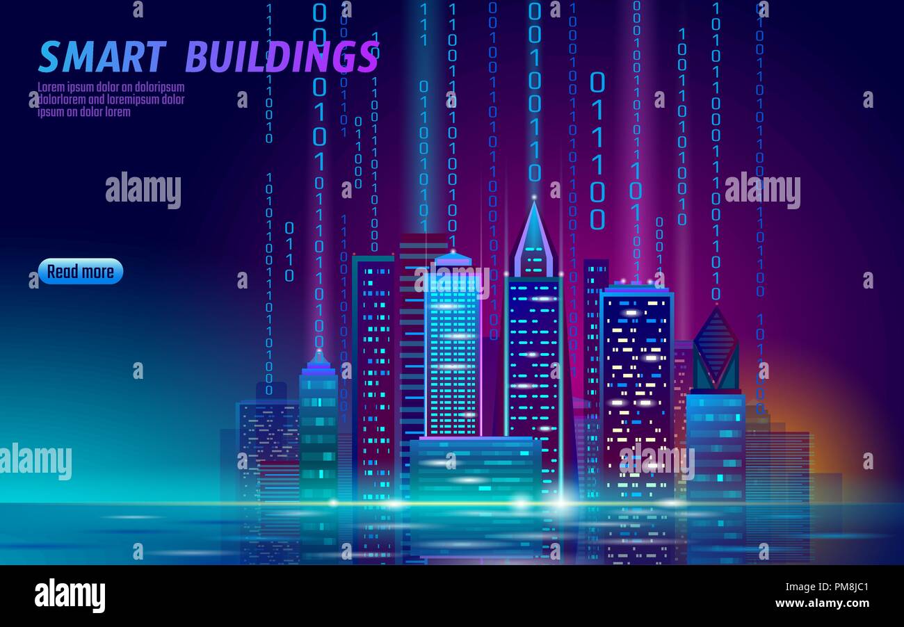 Smart city neon 3D cityscape rougeoyant. L'automatisation du bâtiment intelligent concept d'affaires futuriste de nuit. En ligne web cyberpunk de couleur vive retrowave. Bannière de la technologie urbaine vector illustration Illustration de Vecteur