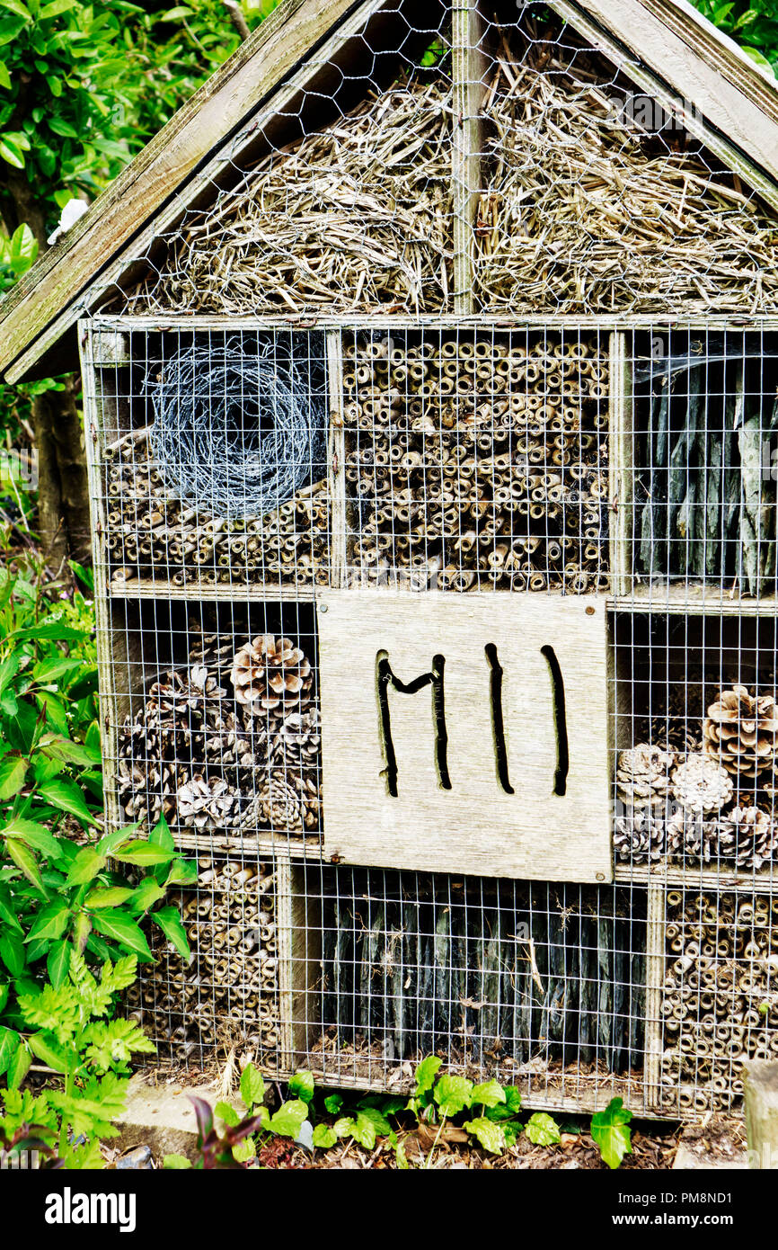 Bug Hôtel refuge faunique ou d'offrir des conditions chaudes et sèches pour la nidification et l'hibernation des insectes, invertébrés, grenouilles, etc. Banque D'Images