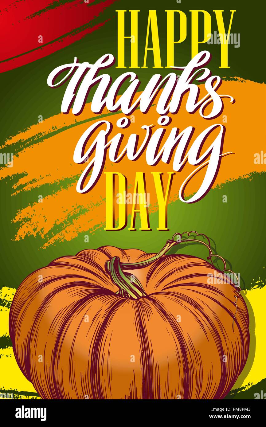 Thanksgiving Day, maison de poster, légumes potiron texte calligraphie hand drawn vector illustration croquis Illustration de Vecteur