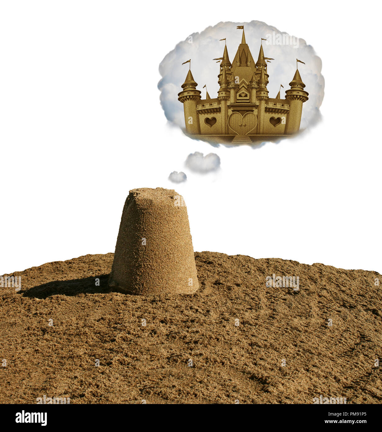 Rêver grand concept idée de motivation ou de développement des entreprises comme un petit tas de sable de rêver de devenir un château de sable avec 3D illustration éléments. Banque D'Images