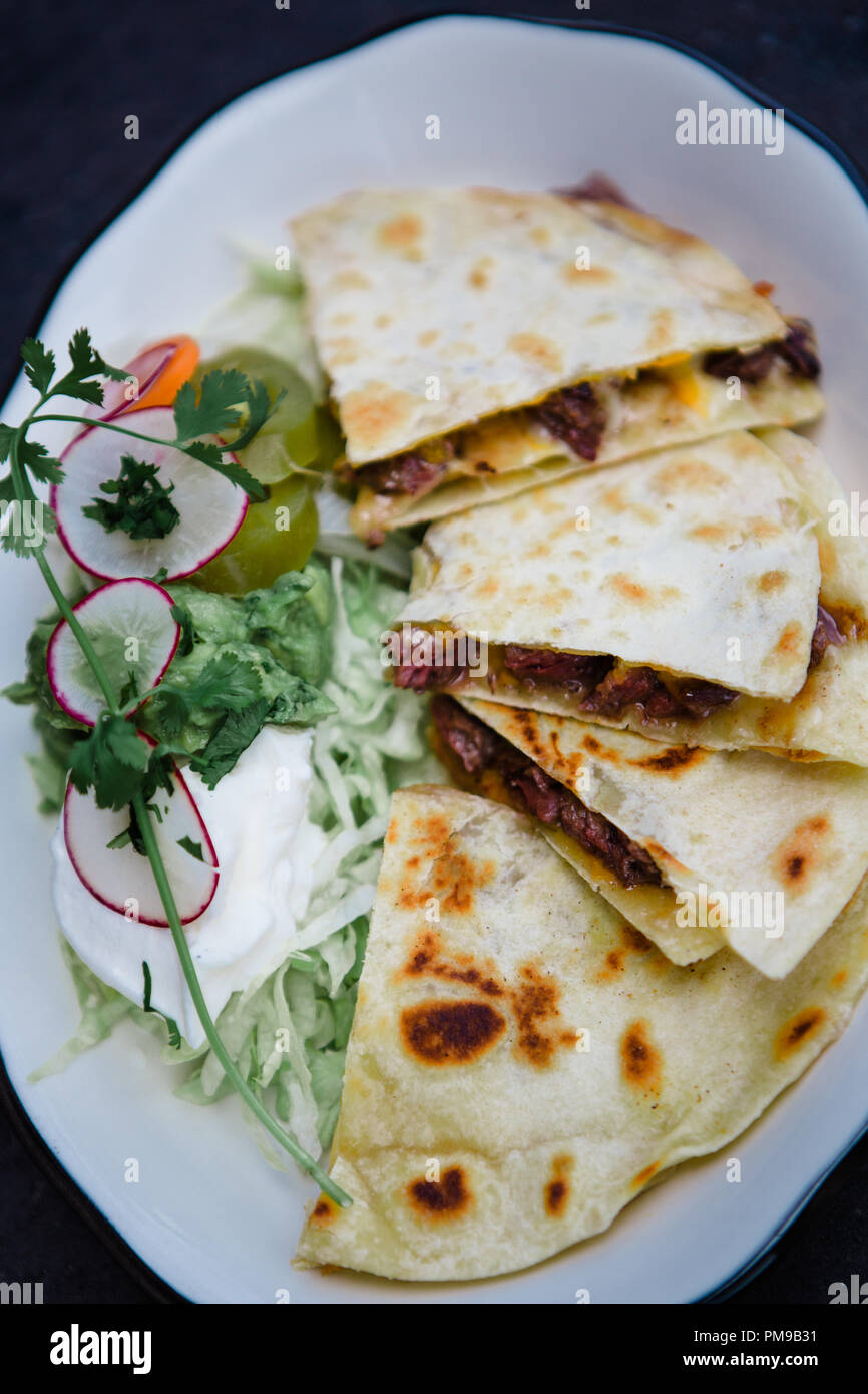 Tex-Mex rencontre une cuisine raffinée avec des assiettes en céramique de plats traditionnels tex-mex, dont des tamales, de la mole, des flautas, des quesedillas et des nachos. Banque D'Images