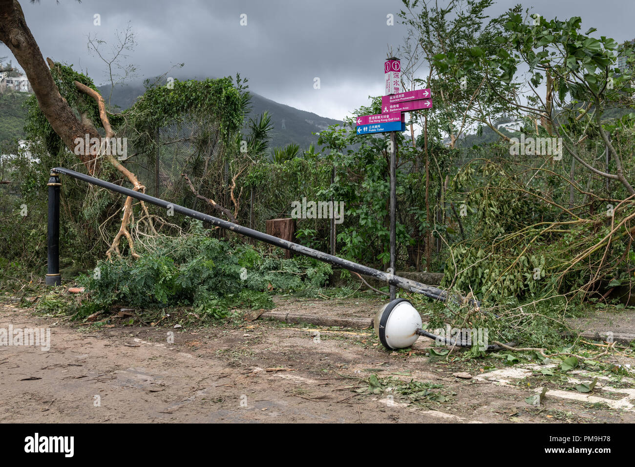 Hong Kong, septembre 2018 17. Fallen lampe rue de la force du typhon Mangkhut à Deepwater Bay de l'île de Hong Kong. Credit : Islemount Images/Alamy Live News. Banque D'Images