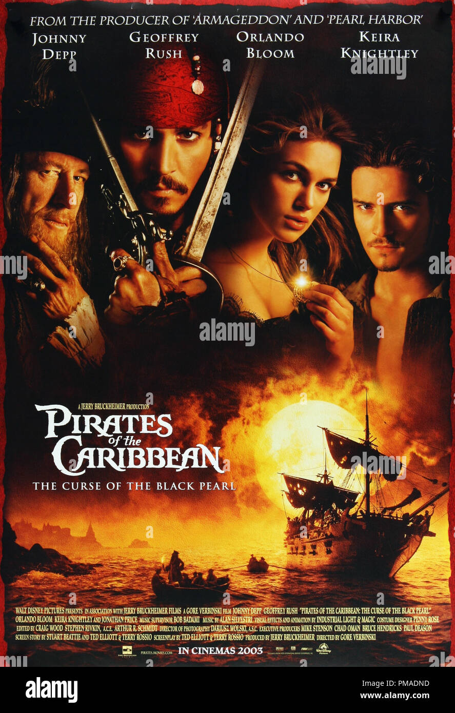 Pirates des Caraïbes : La Malédiction du Black Pearl - affiche de 2003 nous Walt Disney Productions Johnny Depp, Keira Knightley, Orlando Bloom, Geoffrey Rush référence #  32509_289THA Banque D'Images
