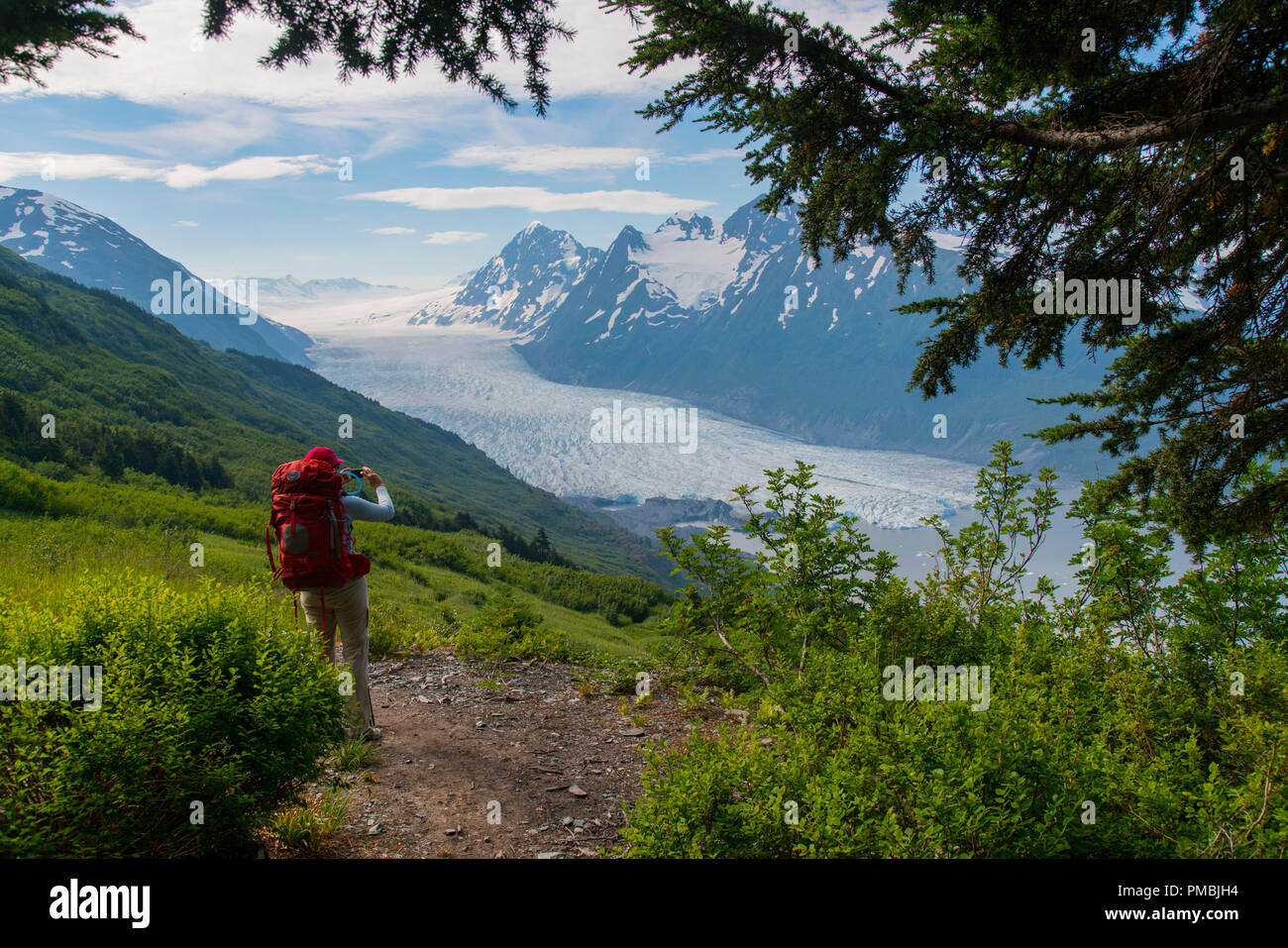 Randonnée au Glacier Spencer cabine, banc, la Forêt Nationale de Chugach Alaska. Banque D'Images