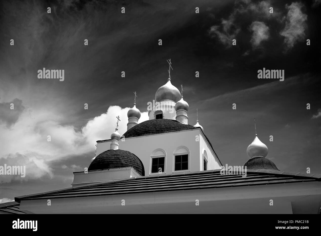 Photographie noir et blanc de l'Église orthodoxe russe, Pattaya Thaïlande Asie du Sud-est Banque D'Images