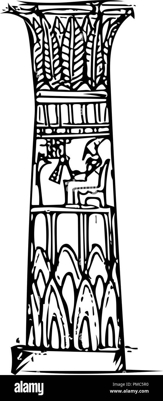 L'ancienne colonne grandiose avec des motifs et des hiéroglyphes dans le temple égyptien (croquis). Illustration de Vecteur