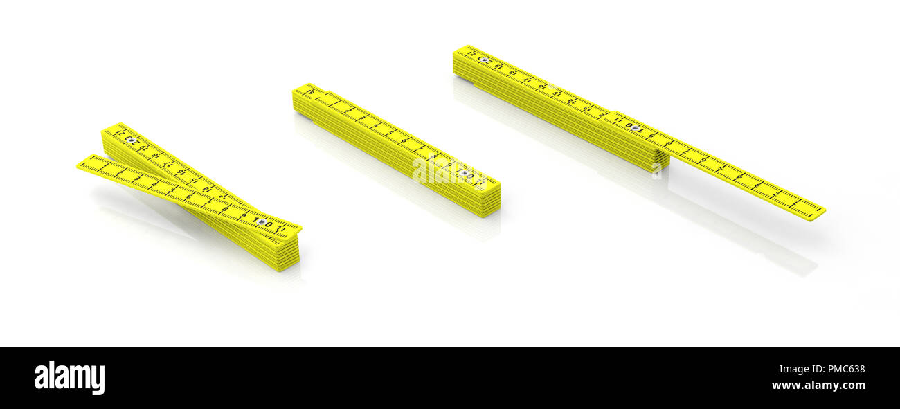 Les règles de pliage Carpenter. Mètres en bois jaune isolé sur fond blanc, la bannière. 3d illustration Banque D'Images