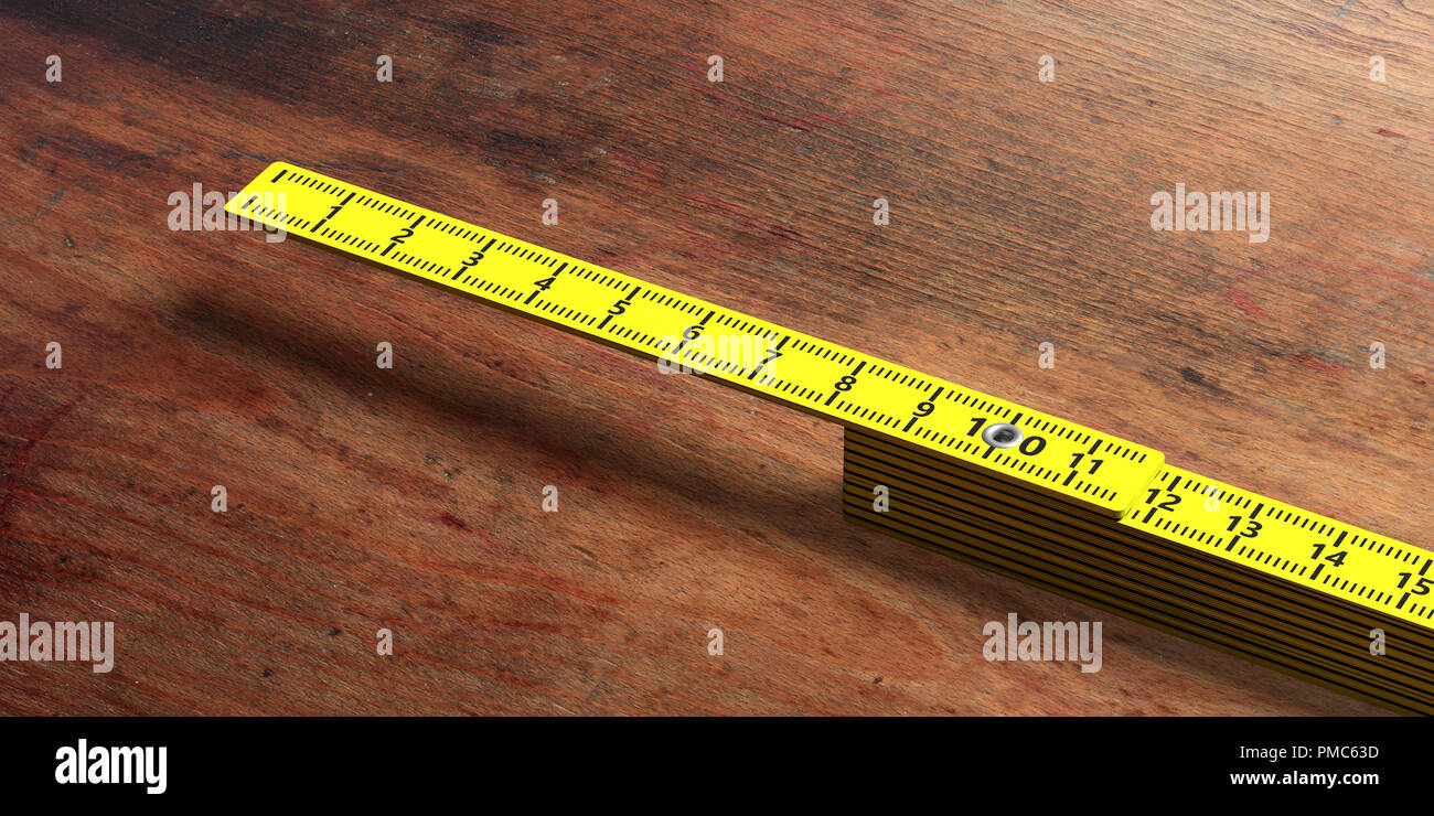 Carpenter pliant. Mètre en bois jaune isolé sur fond de bois, copie de l'espace. 3d illustration Banque D'Images