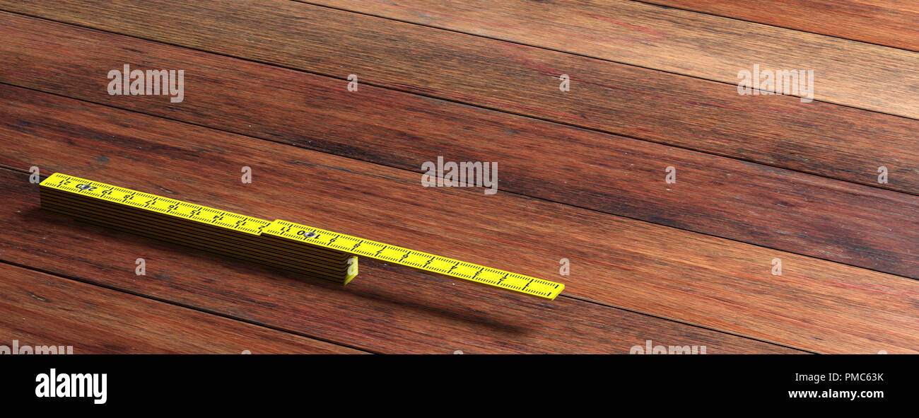 Carpenter pliant. Mètre en bois jaune isolé sur fond de bois, bannière, copiez l'espace. 3d illustration Banque D'Images