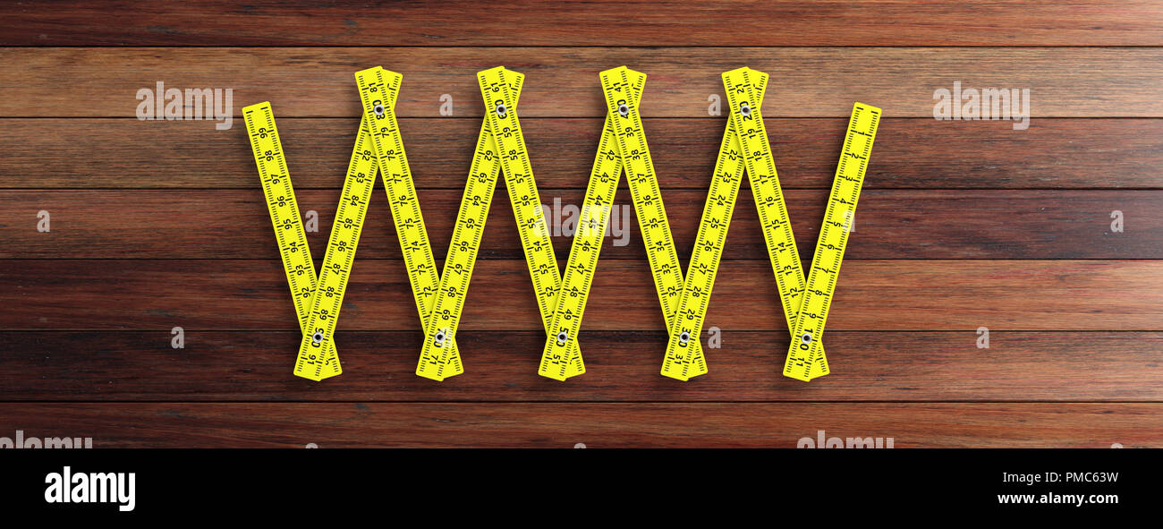 Carpenter pliant. Mètre en bois jaune découpe isolé sur fond de bois, d'un bandeau. 3d illustration Banque D'Images