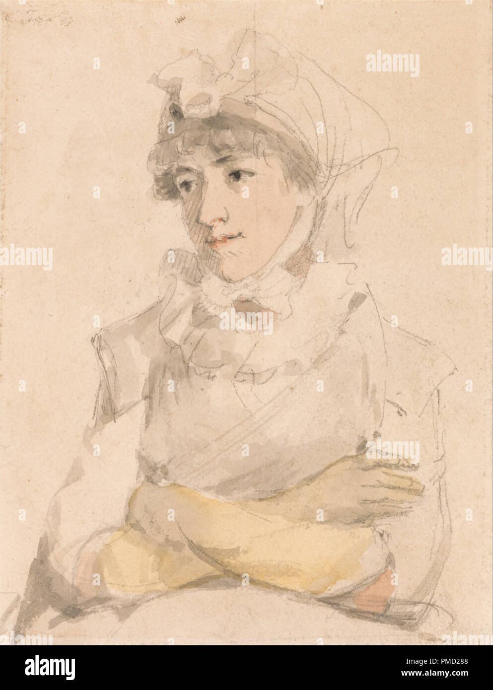 Femme avec les bras croisés. Date/Période : 19e siècle. La peinture. L'aquarelle. Hauteur : 165 mm (6.49 in) ; Largeur : 127 mm (5 in). Auteur : Inconnu. Banque D'Images