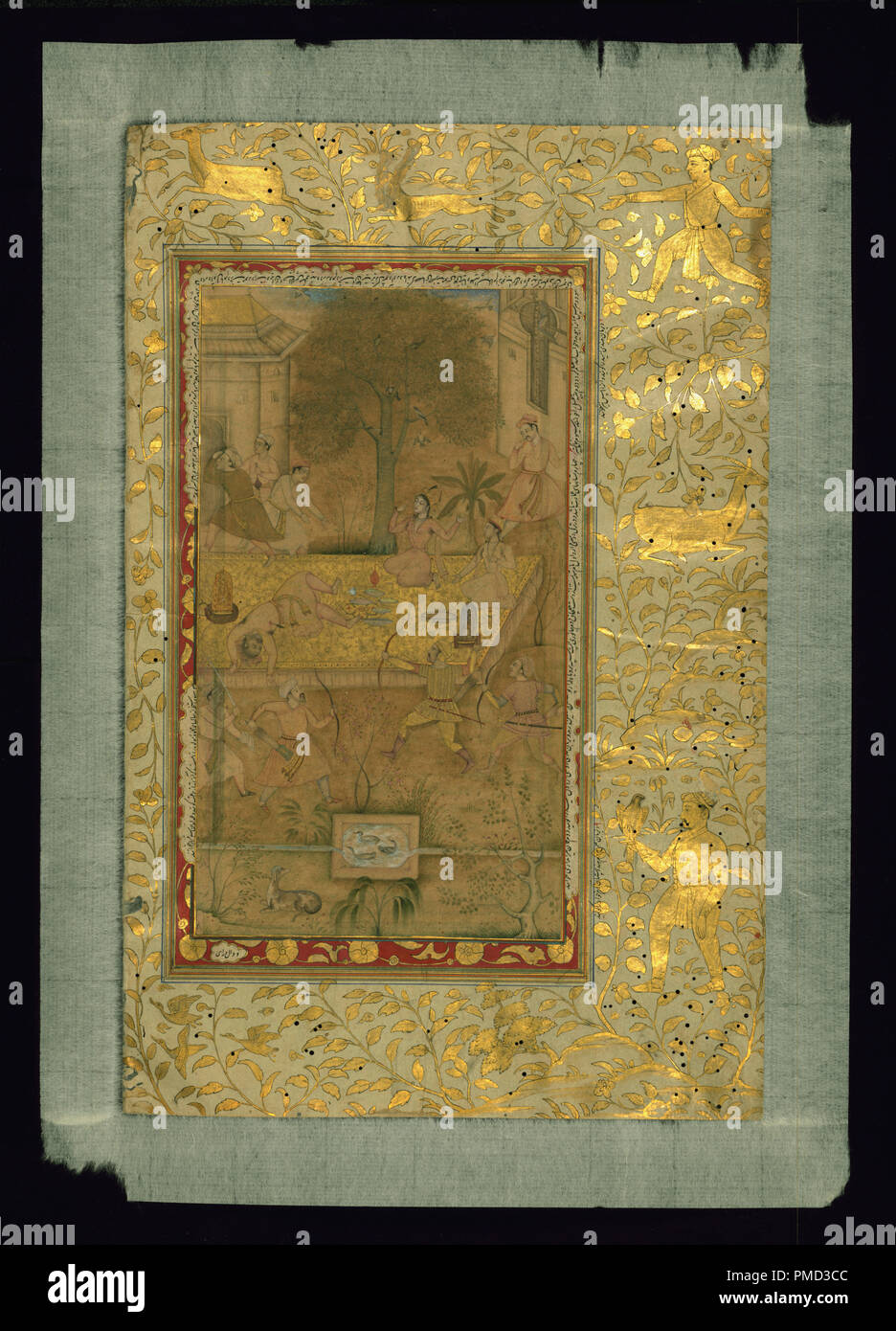 Une feuille d'Akbarnama par Abu Fazl. Date/Période : fin 10e siècle 16e siècle (AH/) de Mughal. D'enluminures ; factures (feuilles). Pigments et encre sur papier encre et pigments sur papier. Hauteur : 34,50 mm (1.35 in) ; largeur : 22,20 mm (0,87 in). Auteur : Abu al-Fazl ibn Mubarak. Banque D'Images