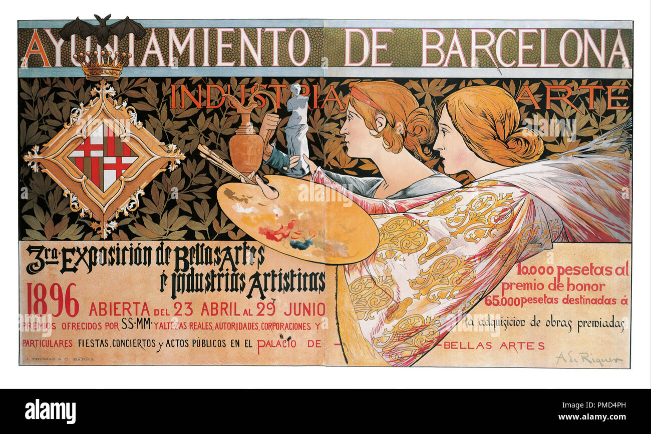 3ra. Exposición de Bellas Artes é Industrias Artísticas. Date/période : 1896. De l'affiche. Lithographie couleur sur papier. Hauteur : 933 mm (36,73 po) ; largeur : 1 480 mm (58,26 po). Auteur : Alexandre de Riquer. INGLADA, ALEJANDRO DE RIQUER. Banque D'Images