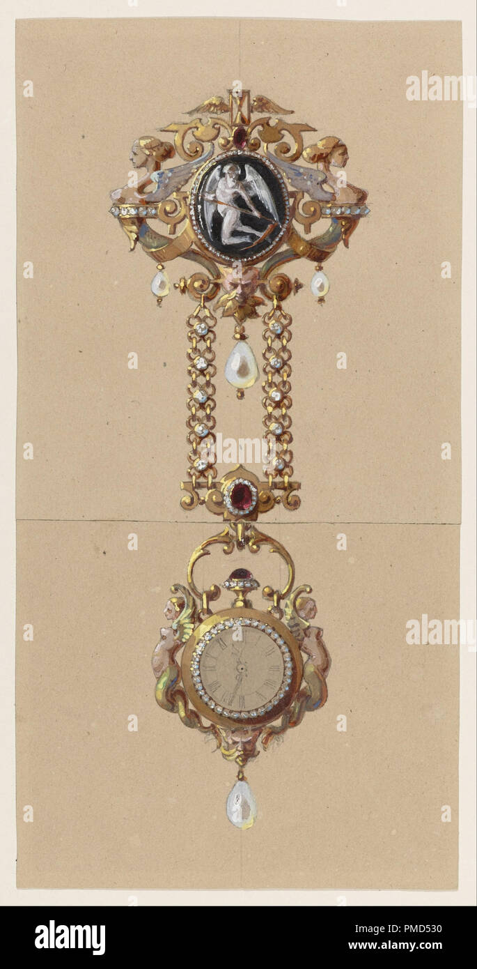 Conception pour une Chatelaine avec Watch. Date/Période : Ca. 1875. Dessin. Gouache et pinceau, gomme laque, graphite sur papier de couleur chamois. Hauteur : 306 mm (12.04 in) ; Largeur : 240 mm (9,44 in). Auteur : Alexis Falize. Banque D'Images Conception pour une Chatelaine avec Watch. Date/Période : Ca. 1875. Dessin. Gouache et pinceau, gomme laque, graphite sur papier de couleur chamois. Hauteur : 306 mm (12.04 in) ; Largeur : 240 mm (9,44 in). Auteur : Alexis Falize. Banque D'Images