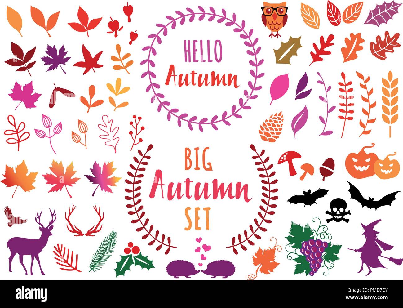 Automne feuilles et fleurs, les chauves-souris d'Halloween, citrouille, ensemble d'éléments de conception vectorielle Illustration de Vecteur