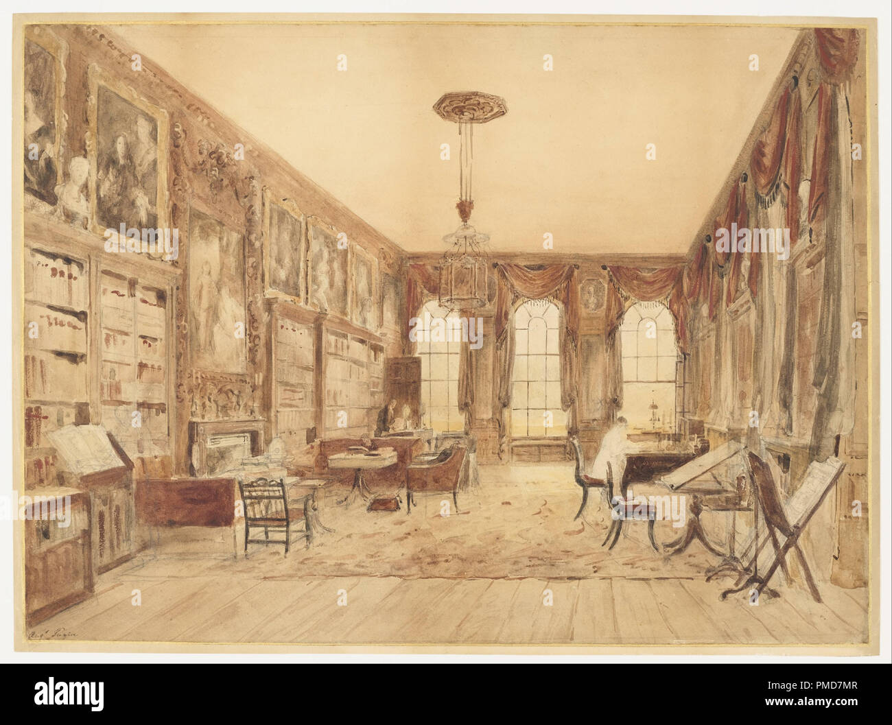 L'intérieur de la bibliothèque de Cassiobury. Date/Période : avant 1816. Dessin. Pinceau et aquarelle, mine de plomb sur papier vélin blanc. Auteur : Charles Augustus Pugin. Banque D'Images L'intérieur de la bibliothèque de Cassiobury. Date/Période : avant 1816. Dessin. Pinceau et aquarelle, mine de plomb sur papier vélin blanc. Auteur : Charles Augustus Pugin. Banque D'Images
