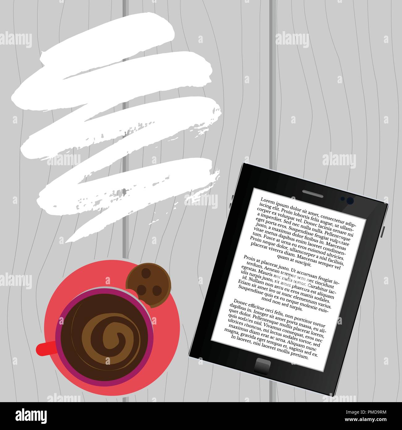 Lecture d'e-livre avec une tasse de café E-lecture, café Illustration de Vecteur