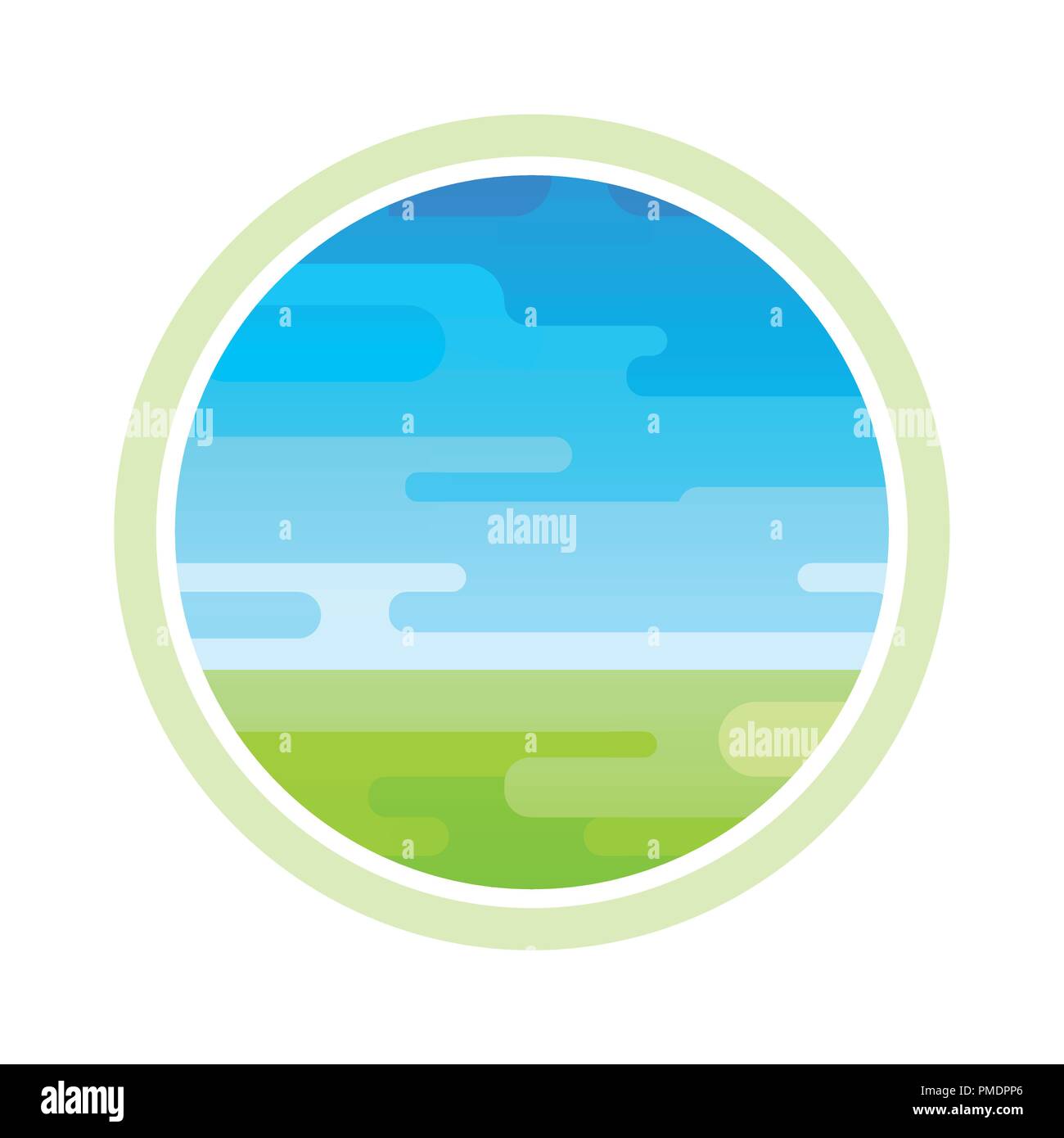 Emblème ronde Modèle avec paysage rural de champ vert sous un ciel tous les jours. Vector illustration dans le style plat isolé sur fond blanc. Illustration de Vecteur