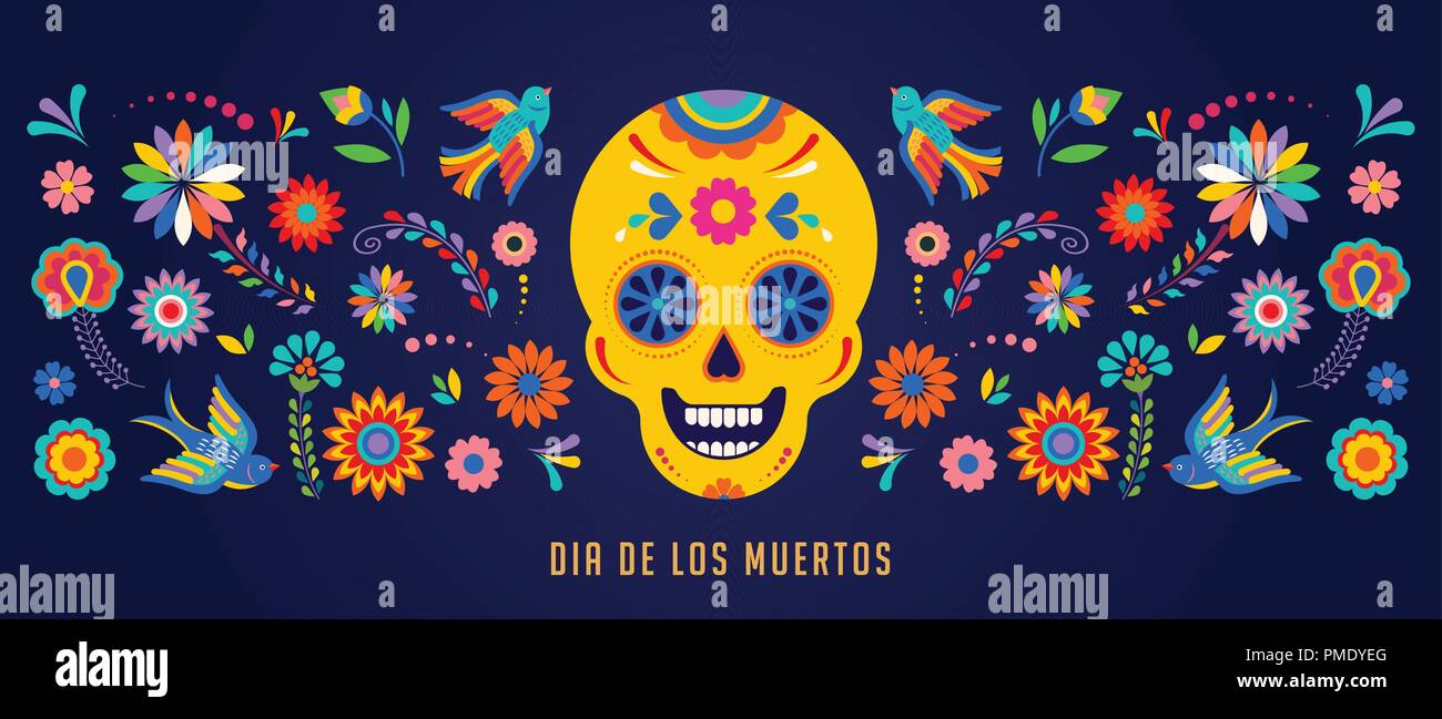 Fête des morts, Dia de los muertos, bannière et carte de souhaits concept avec crâne en sucre. Illustration de Vecteur