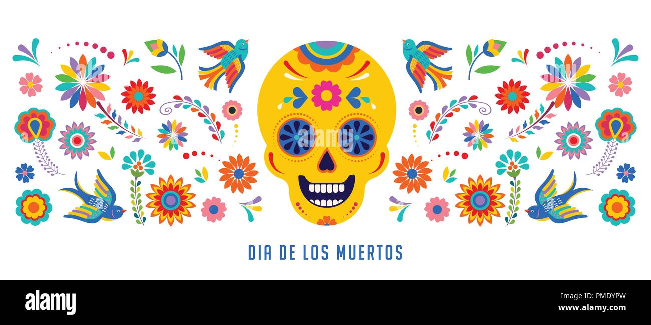 Fête des morts, Dia de los muertos, bannière et carte de souhaits concept avec crâne en sucre. Illustration de Vecteur