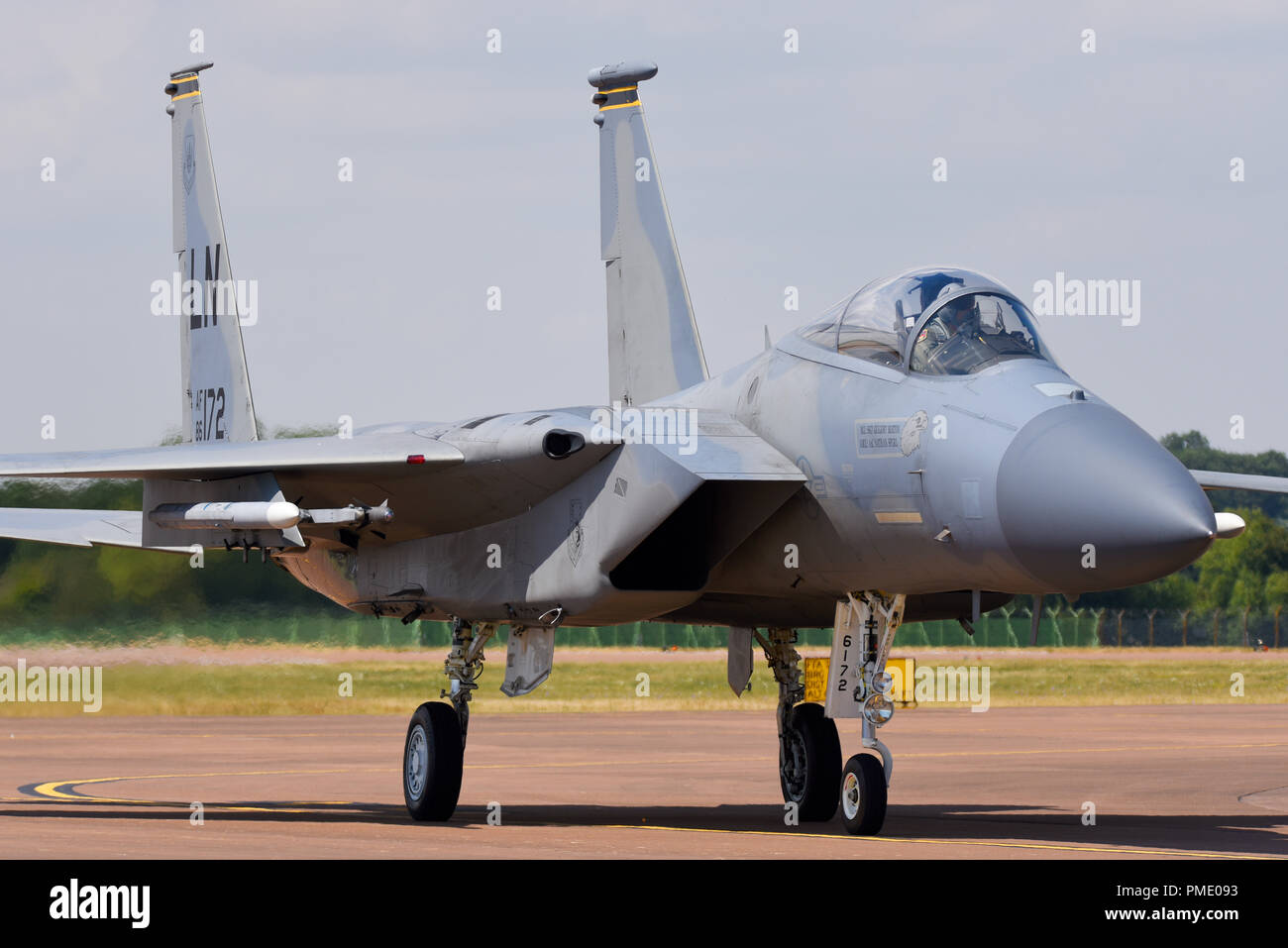 McDonnell Douglas F-15C Eagle jet avion de chasse en roulage au Royal International Air Tattoo, RIAT, RAF Fairford. Avions de l'USAF basée de Lakenheath Banque D'Images