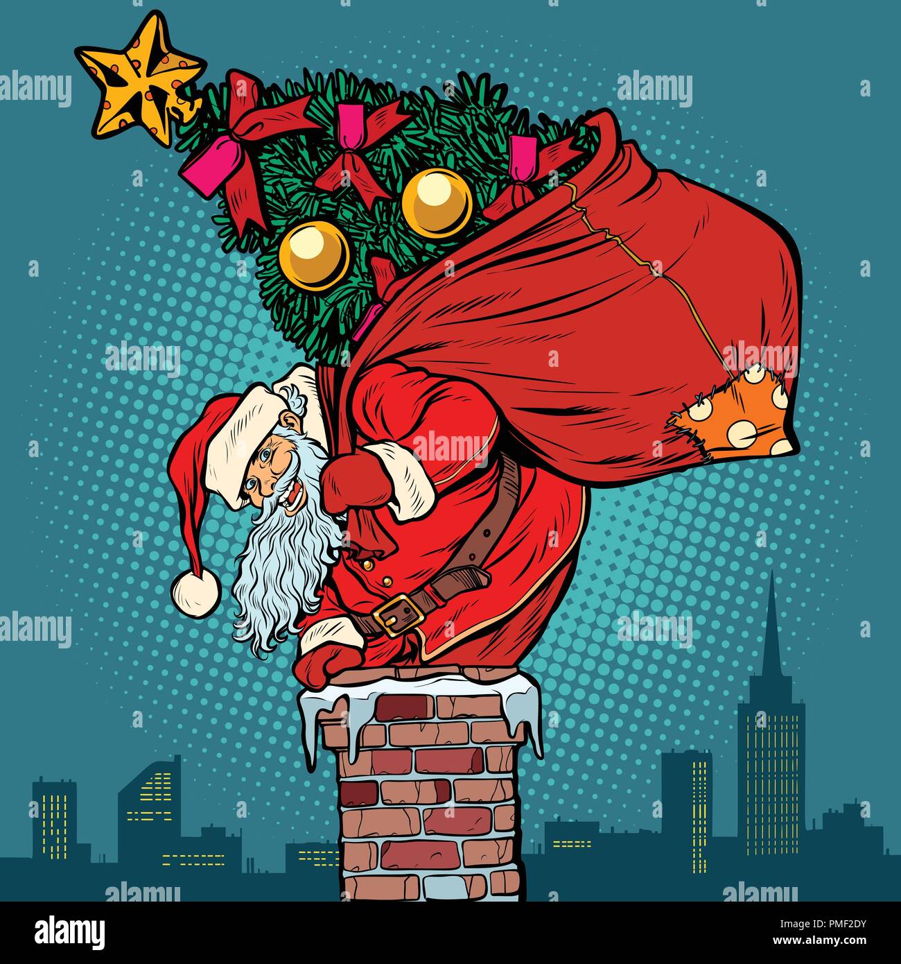 Le Père Noël avec un arbre de Noël dans un sac monte la cheminée Illustration de Vecteur