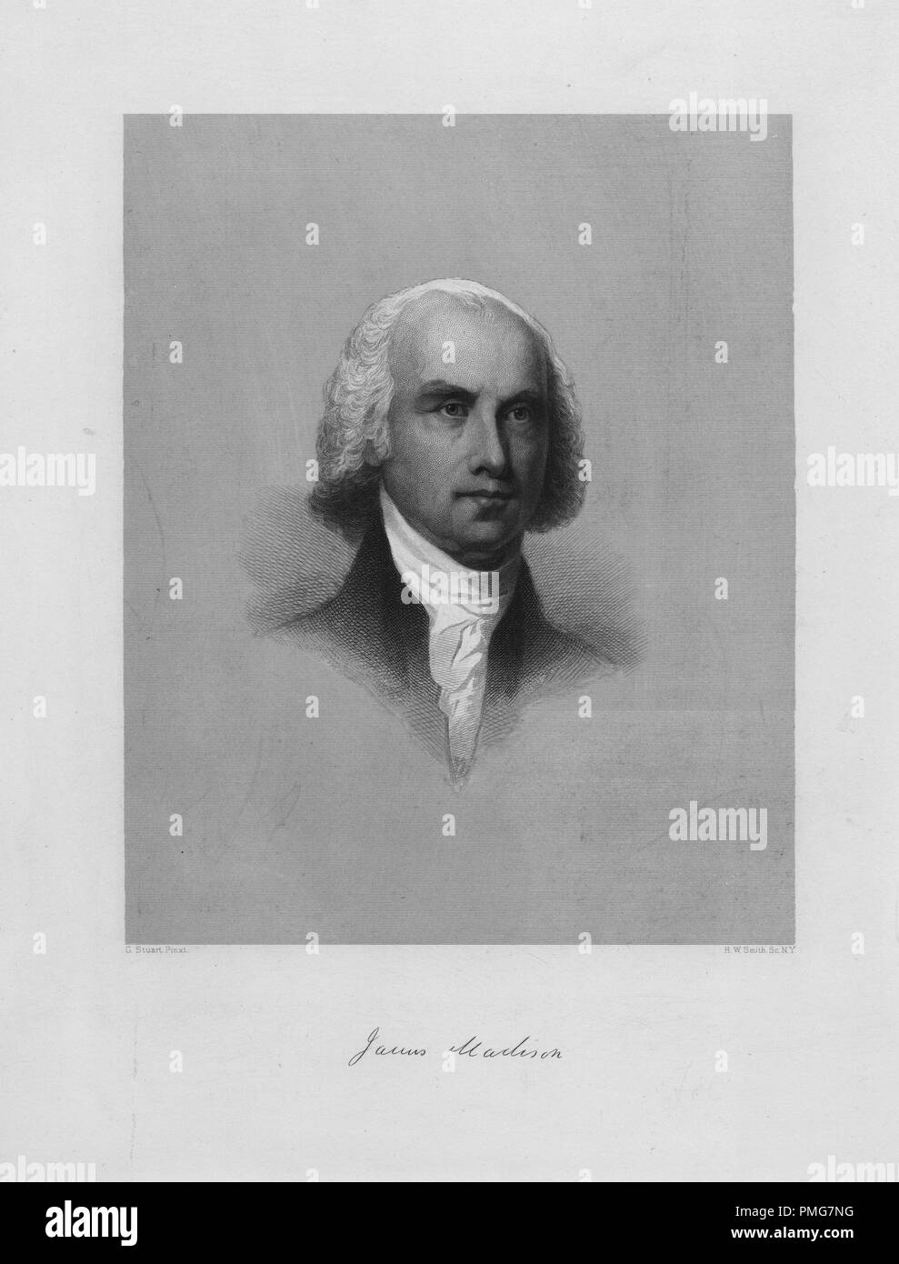 Portrait gravé de James Madison, quatrième président des États-Unis, un homme d'État américain et père fondateur de la Virginie, 1870. À partir de la Bibliothèque publique de New York. () Banque D'Images